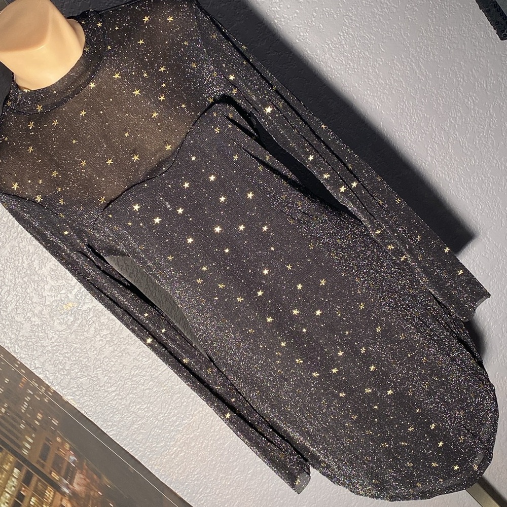 FRANCESCA’S - NWT - dress: black lined semi-sheer metallic mesh l/s w stars - XL